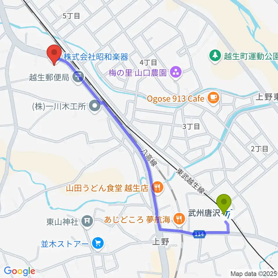 武州唐沢駅から昭和楽器へのルートマップ地図
