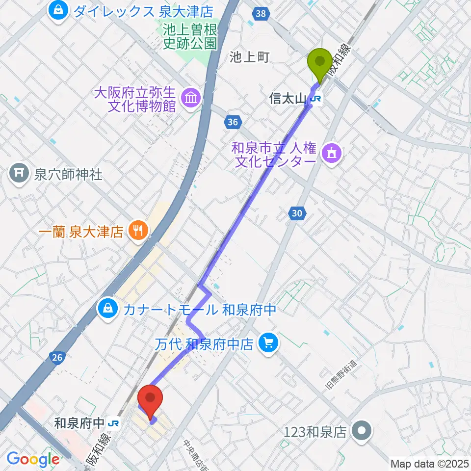 信太山駅から新日本ミュージック株式会社へのルートマップ地図