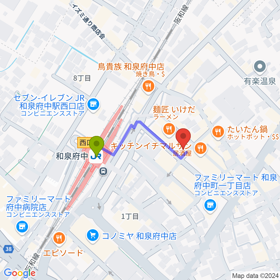 新日本ミュージック株式会社 和泉府中本店の最寄駅和泉府中駅からの徒歩ルート（約2分）地図