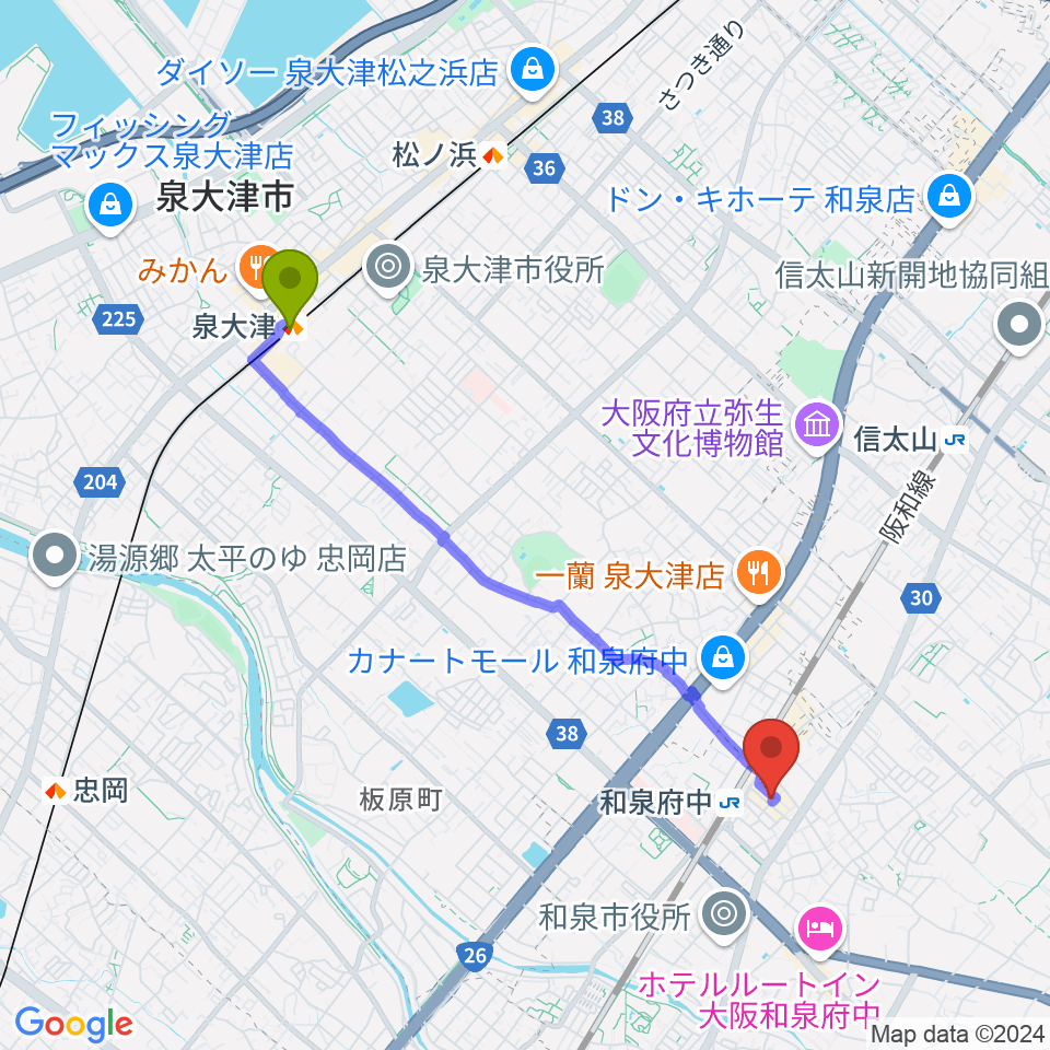 泉大津駅から新日本ミュージック株式会社 和泉府中本店へのルートマップ地図