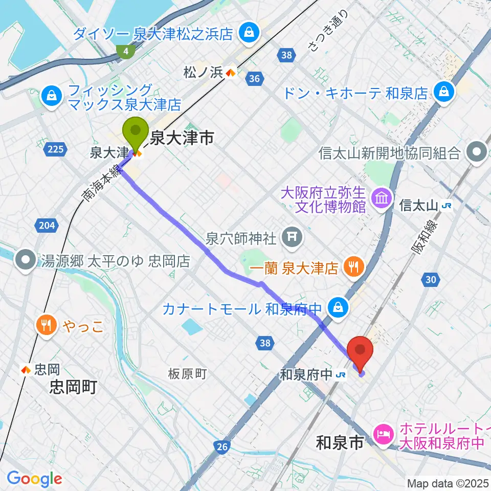 泉大津駅から新日本ミュージック株式会社へのルートマップ地図