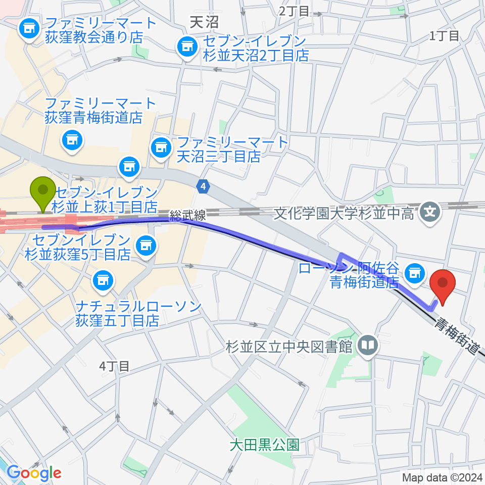 荻窪駅からボゴランマーケットへのルートマップ地図