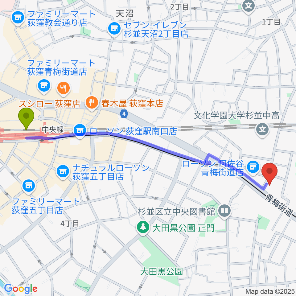 荻窪駅からボゴランマーケットへのルートマップ地図