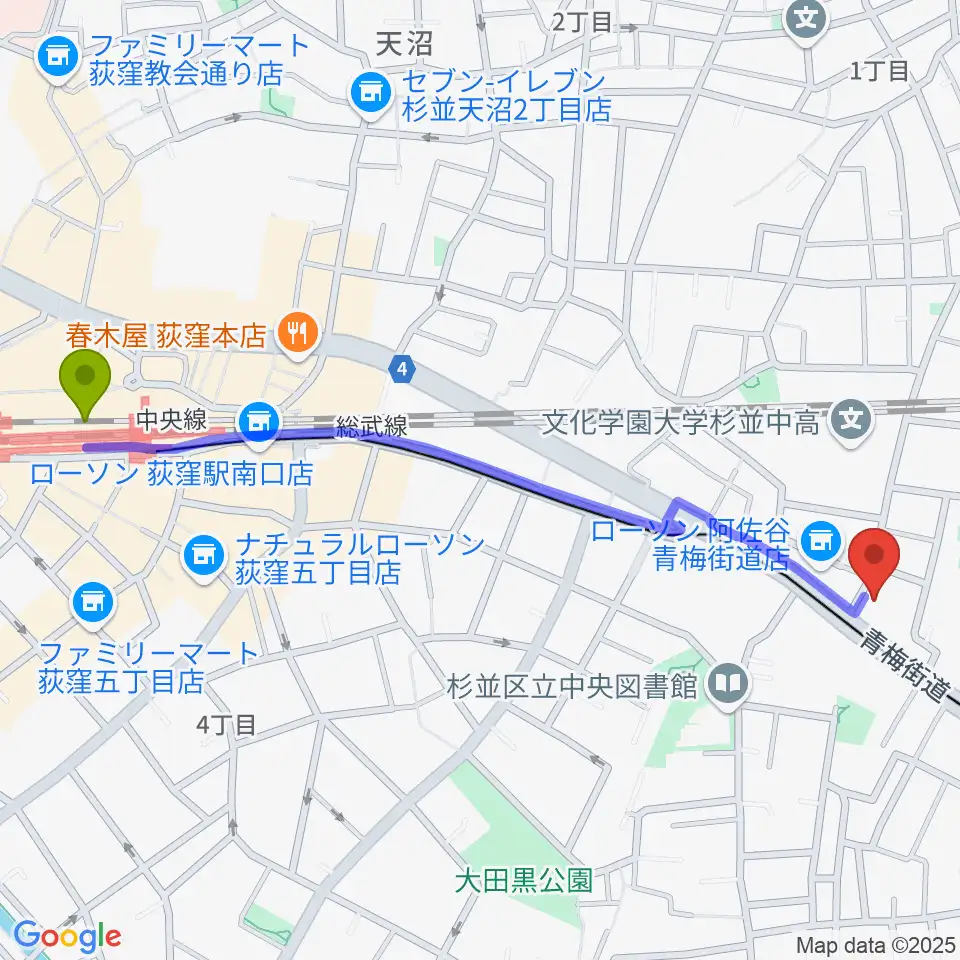 荻窪駅からボゴランマーケットへのルートマップ地図