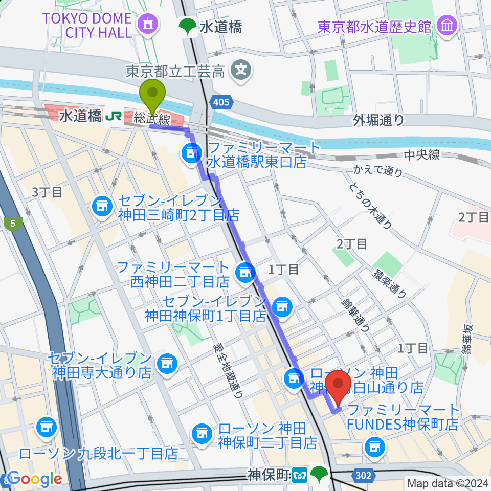 水道橋駅からリムショット(RimShot)へのルートマップ地図