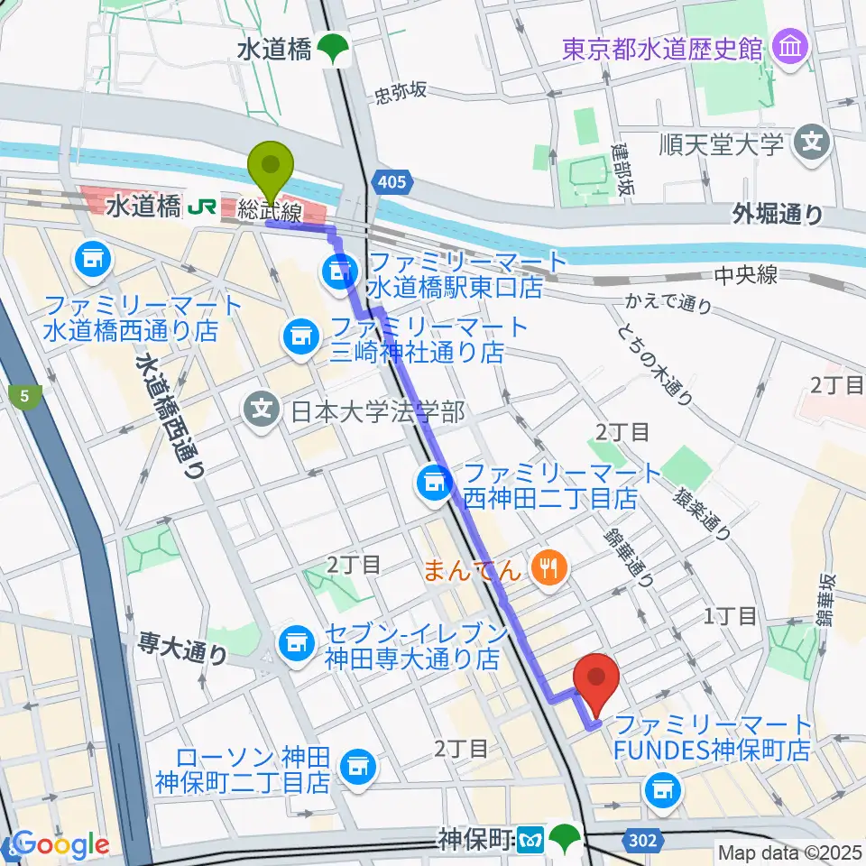 水道橋駅からリムショットへのルートマップ地図