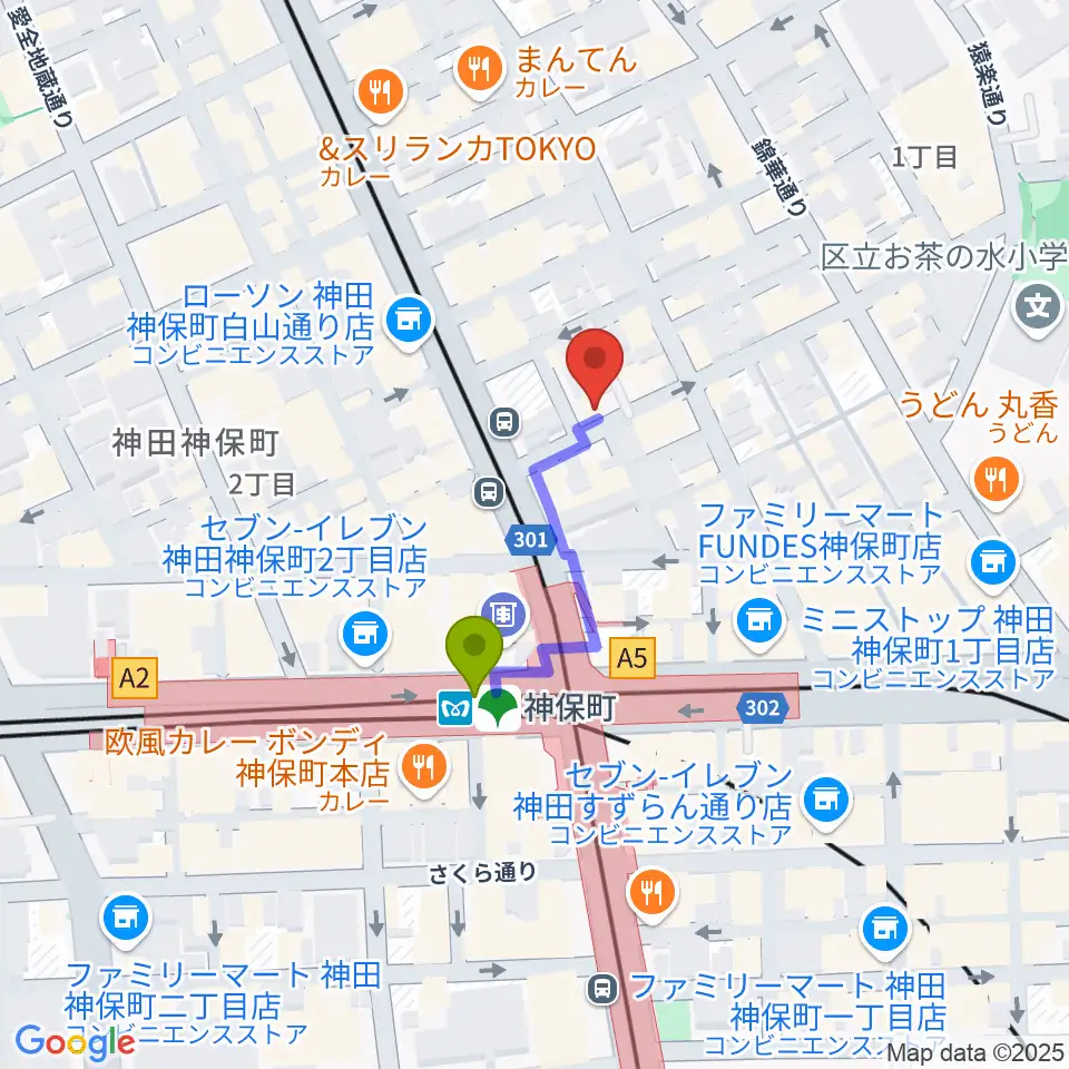 リムショットの最寄駅神保町駅からの徒歩ルート（約2分）地図