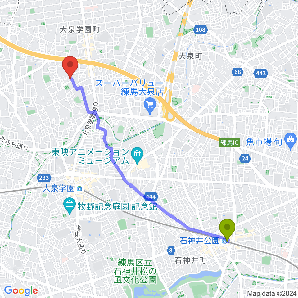 石神井公園駅からミカドピアノサービスへのルートマップ地図