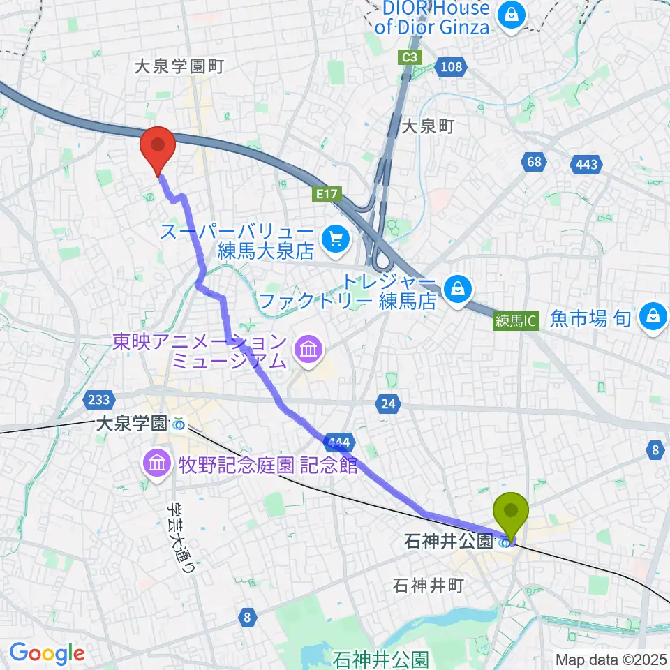石神井公園駅からミカドピアノサービスへのルートマップ地図