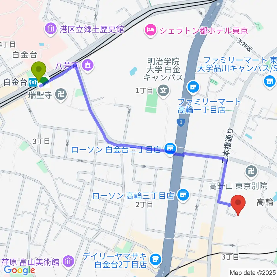 白金台駅からピアノ防音ナイトーンへのルートマップ地図