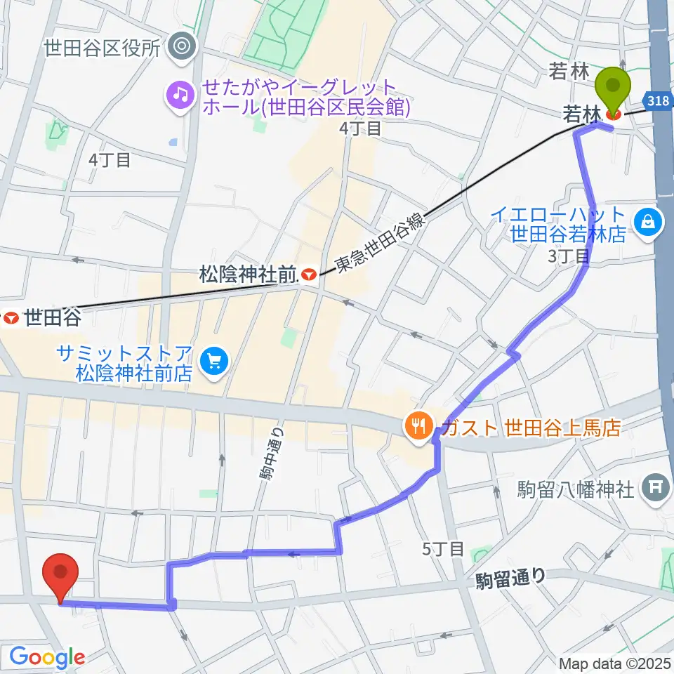 若林駅から渡辺ピアノ調律事務所へのルートマップ地図