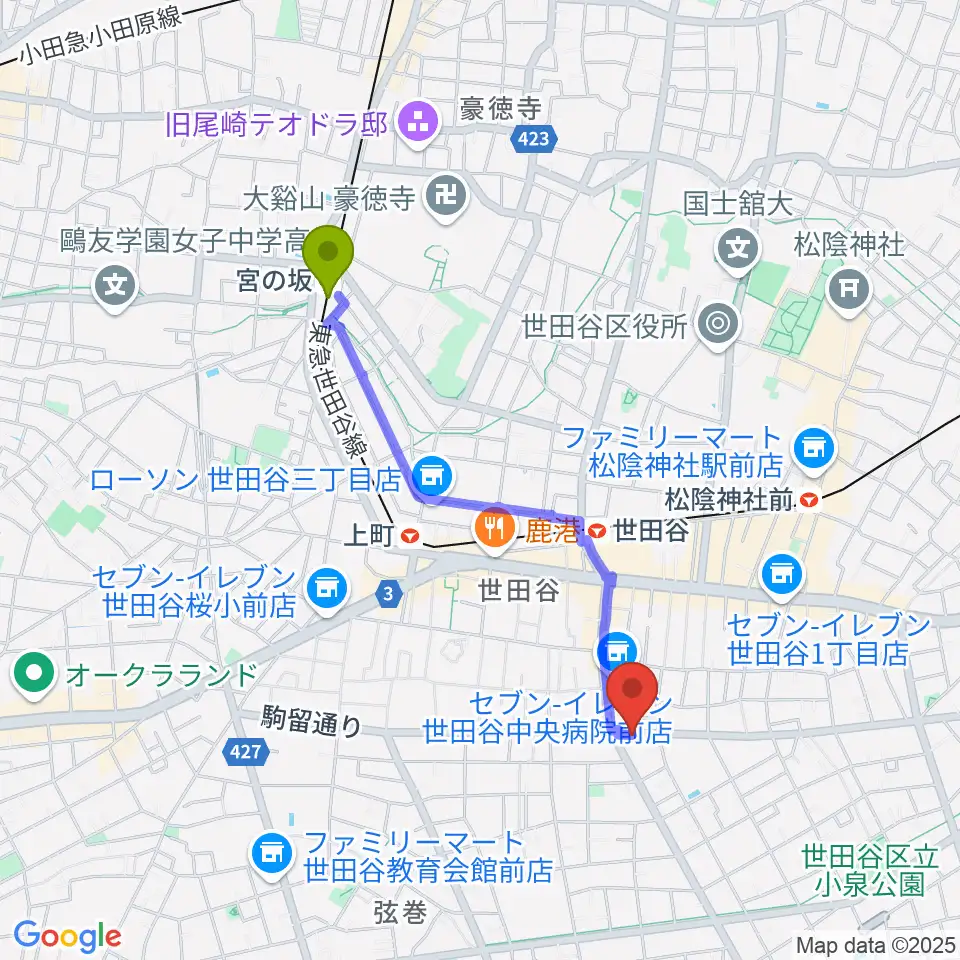 宮の坂駅から渡辺ピアノ調律事務所へのルートマップ地図