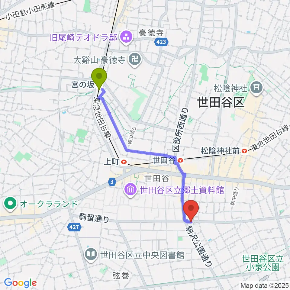 宮の坂駅から渡辺ピアノ調律事務所へのルートマップ地図
