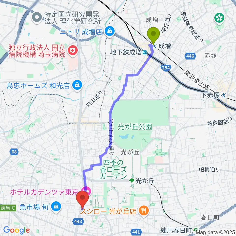 成増駅から日本ピアノギャラリー東京店へのルートマップ地図
