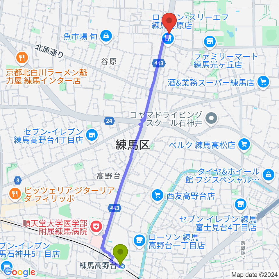 練馬高野台駅から日本ピアノギャラリー新東京店へのルートマップ地図