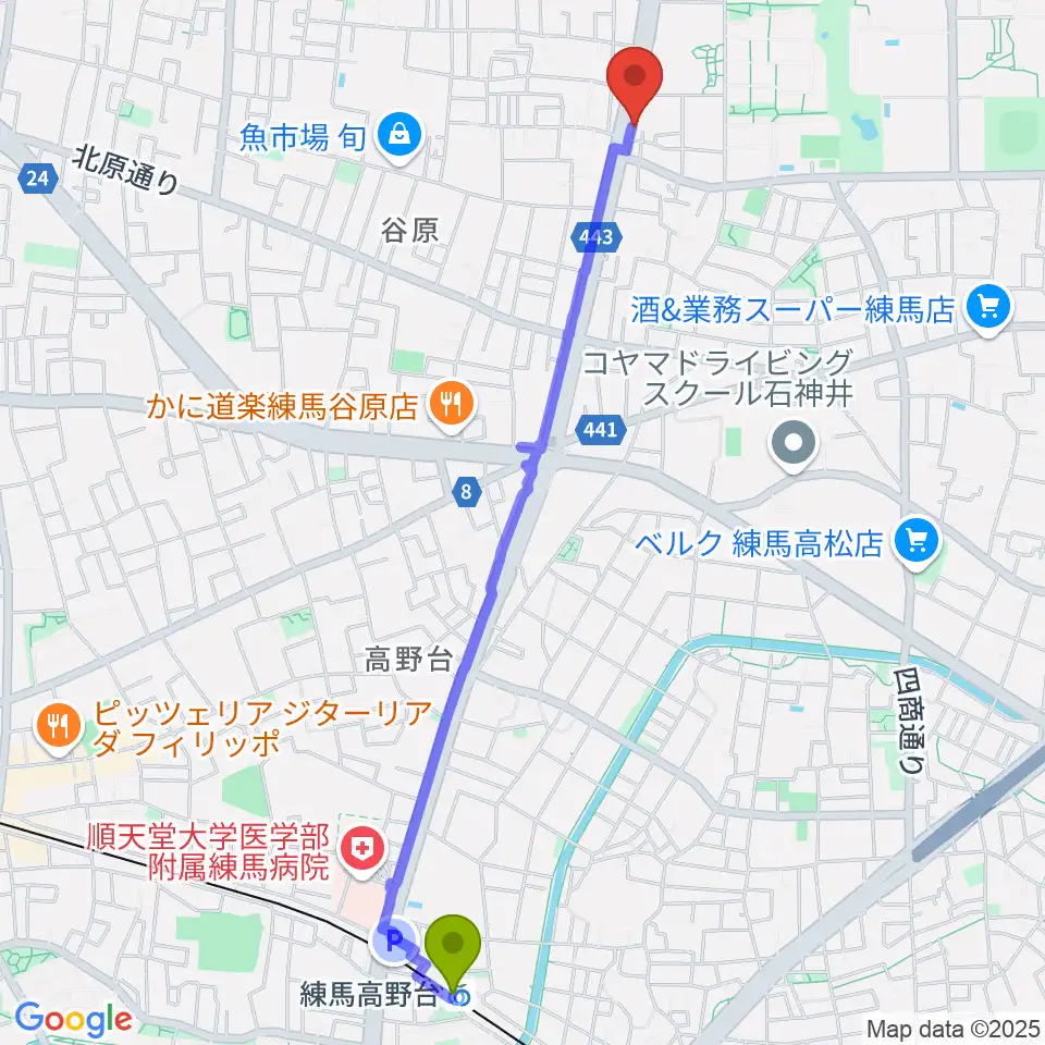 練馬高野台駅から日本ピアノギャラリー東京店へのルートマップ地図