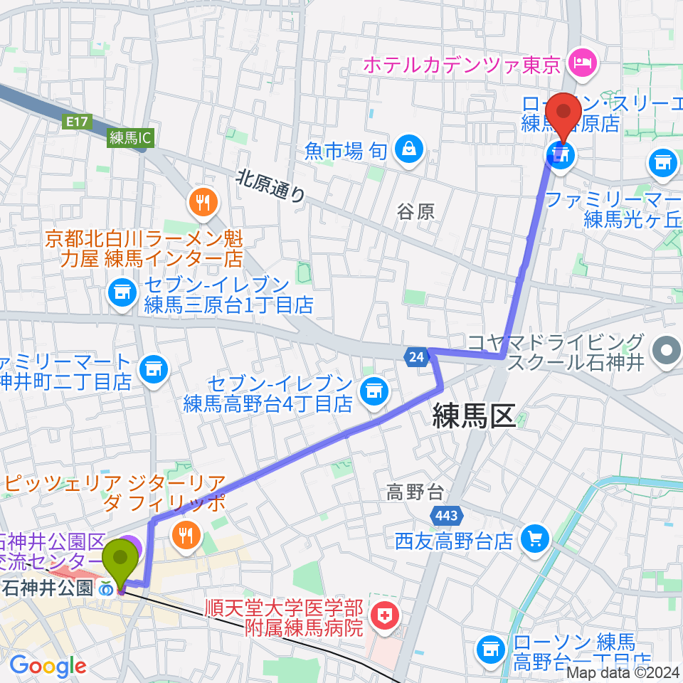 石神井公園駅から日本ピアノギャラリー新東京店へのルートマップ地図