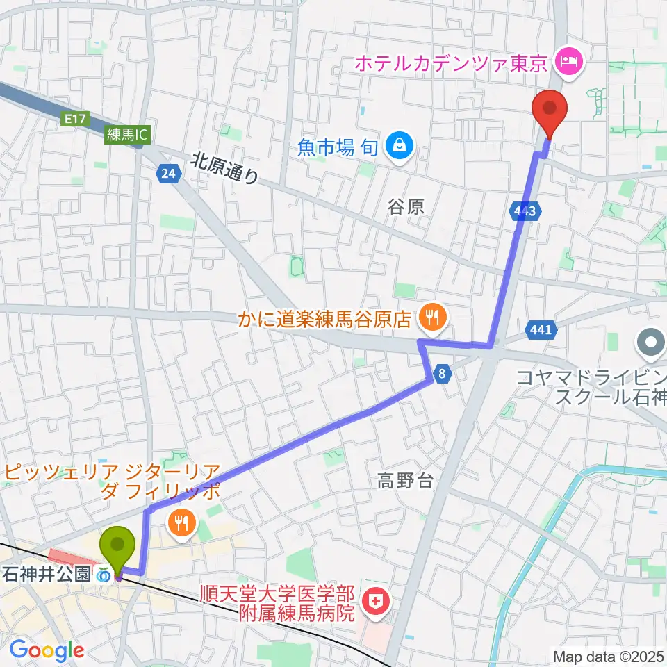 石神井公園駅から日本ピアノギャラリー東京店へのルートマップ地図