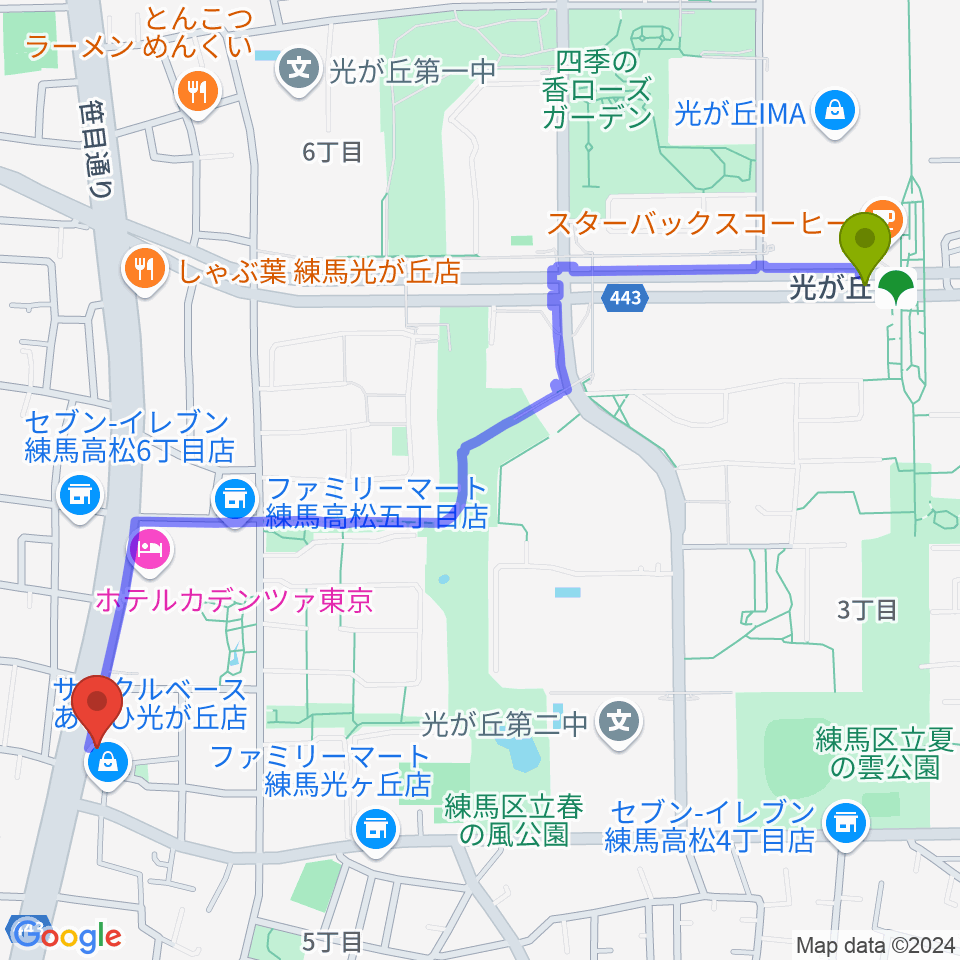 日本ピアノギャラリー新東京店の最寄駅光が丘駅からの徒歩ルート（約14分）地図