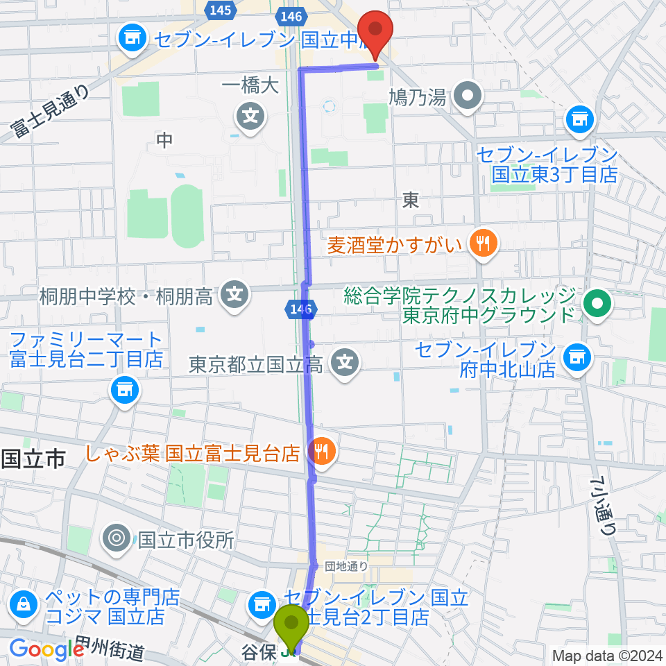 谷保駅からムサシ楽器へのルートマップ地図