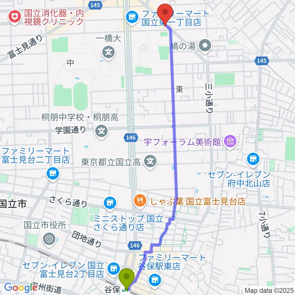 谷保駅からムサシ楽器へのルートマップ地図
