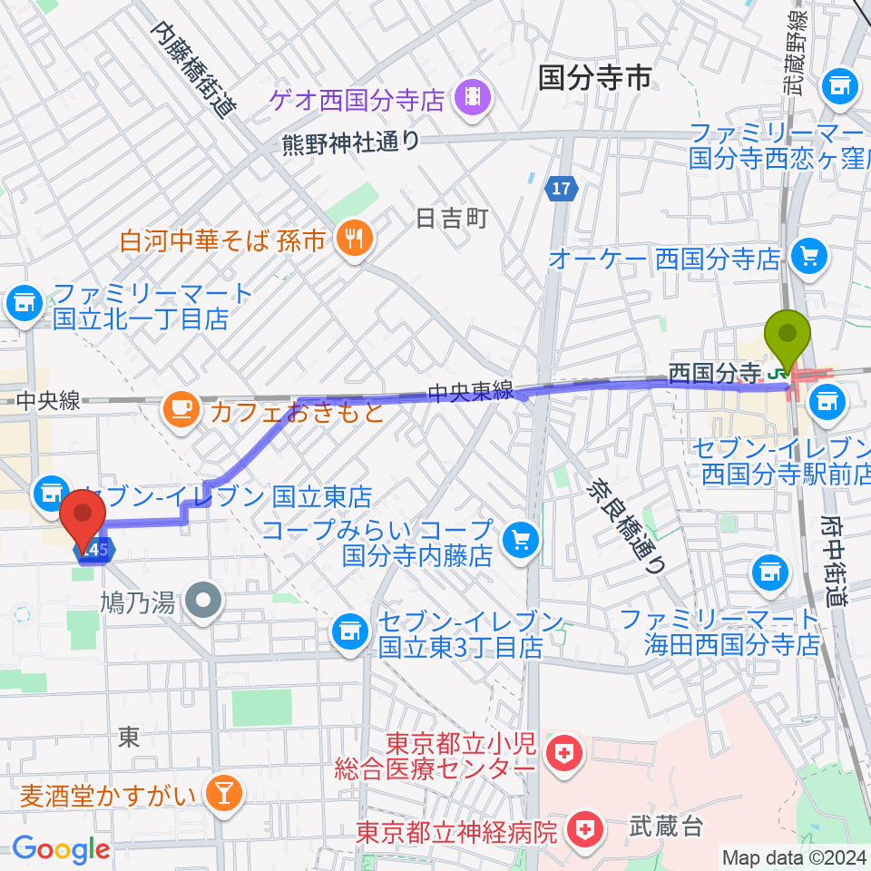 西国分寺駅からムサシ楽器へのルートマップ地図