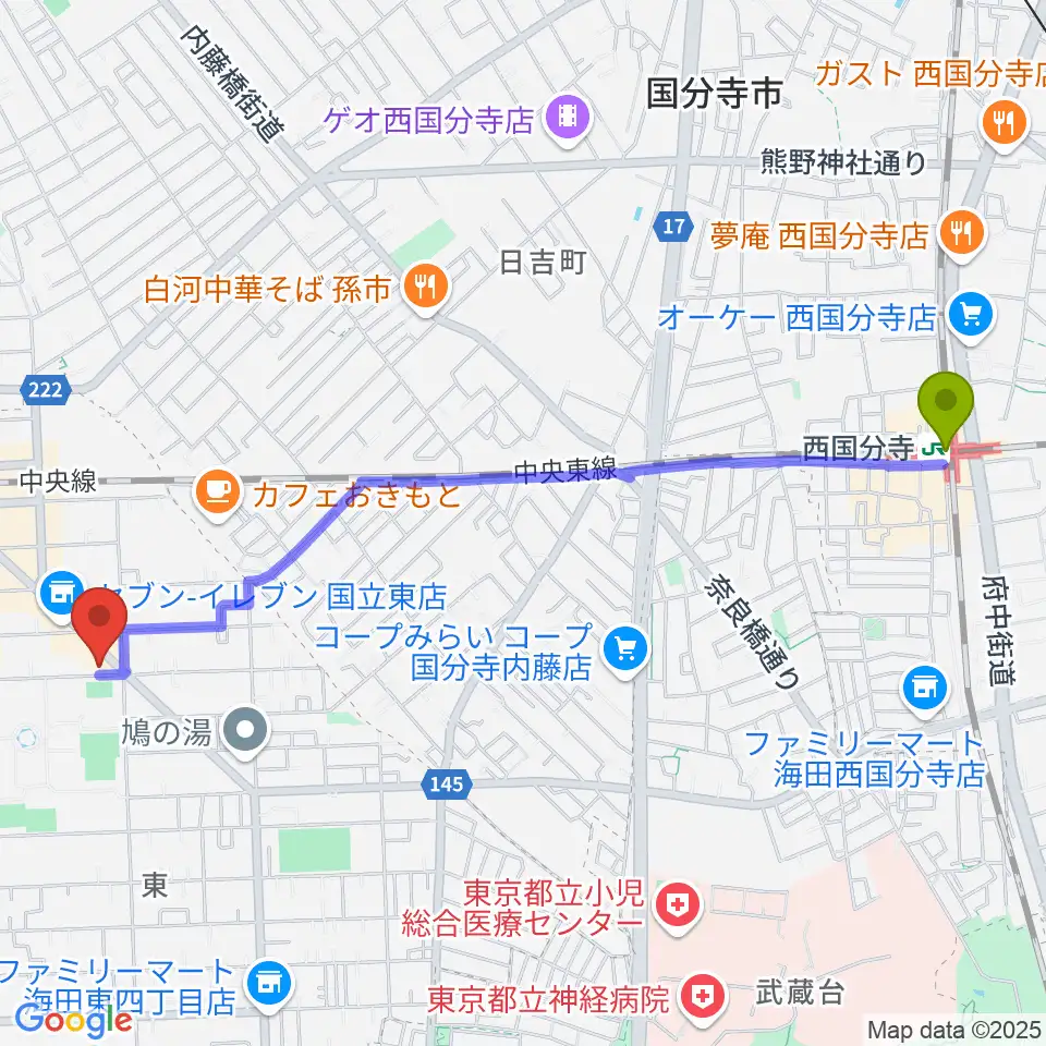 西国分寺駅からムサシ楽器へのルートマップ地図