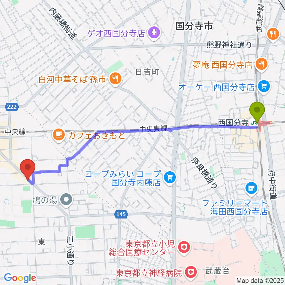 西国分寺駅からムサシ楽器へのルートマップ地図