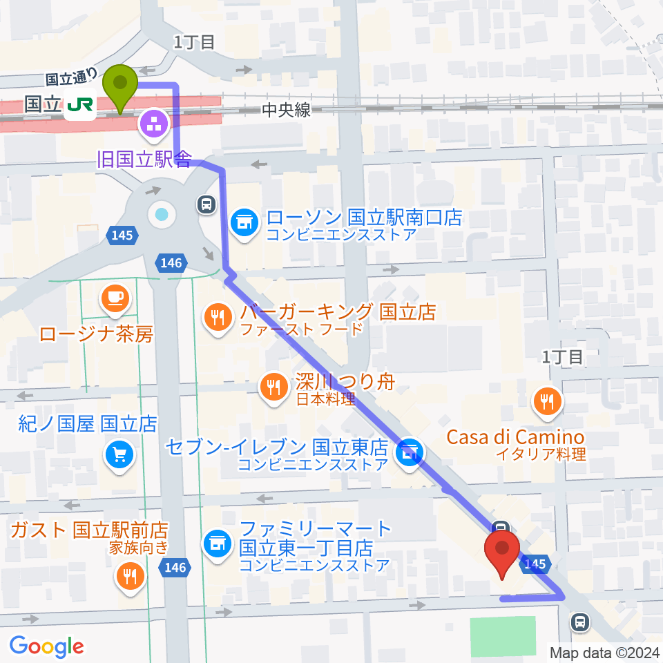 ムサシ楽器の最寄駅国立駅からの徒歩ルート（約7分）地図