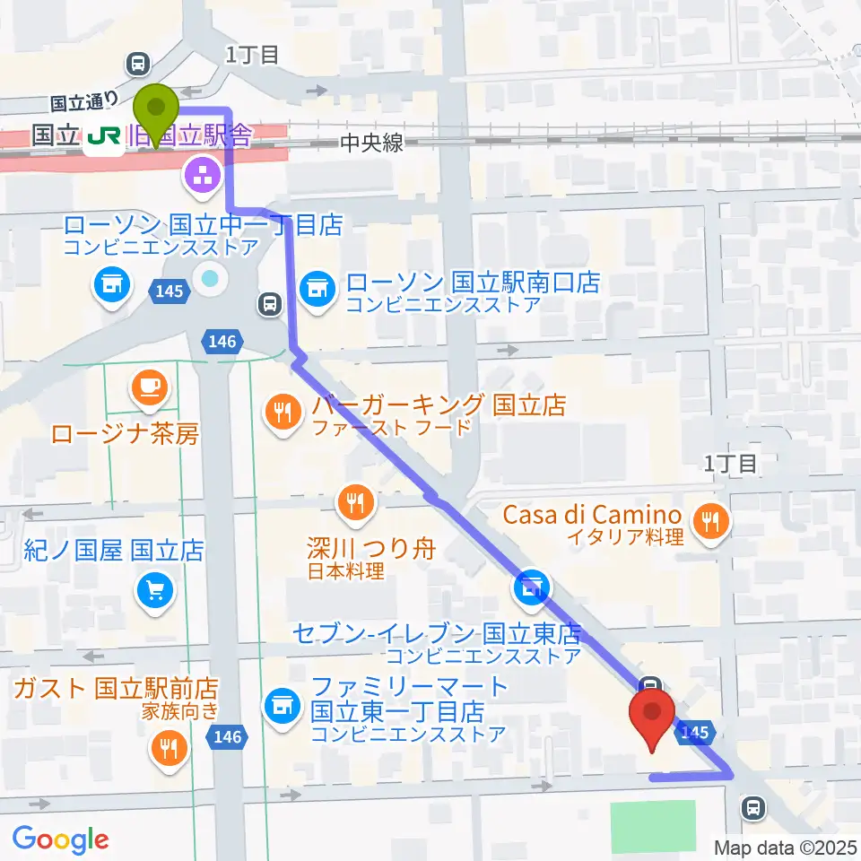 ムサシ楽器の最寄駅国立駅からの徒歩ルート（約7分）地図