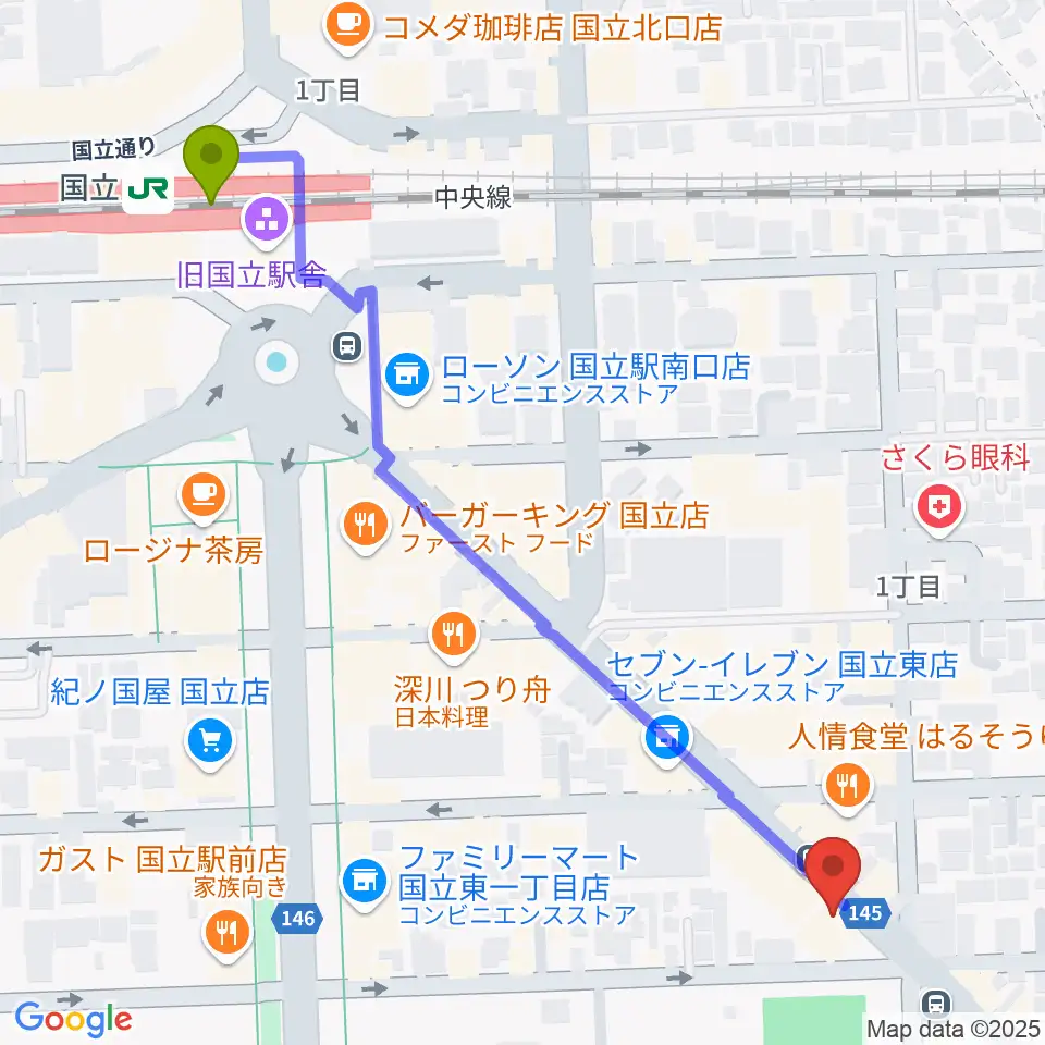 ムサシ楽器の最寄駅国立駅からの徒歩ルート（約7分）地図