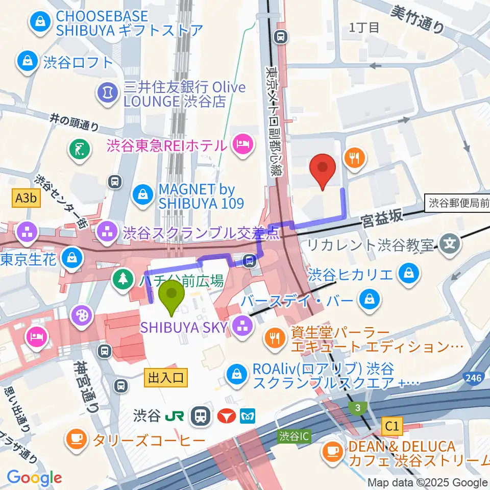 三浦ピアノ渋谷店の最寄駅渋谷駅からの徒歩ルート（約3分）地図