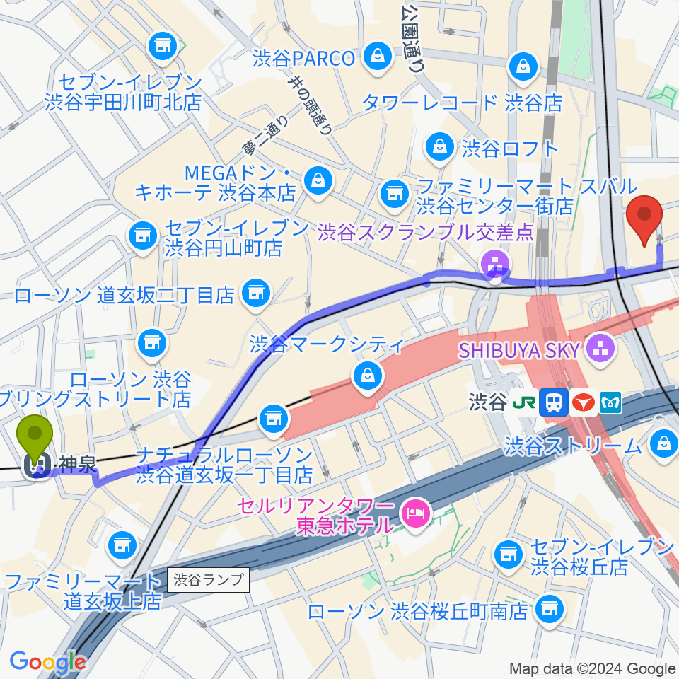 神泉駅から三浦ピアノ渋谷店へのルートマップ地図