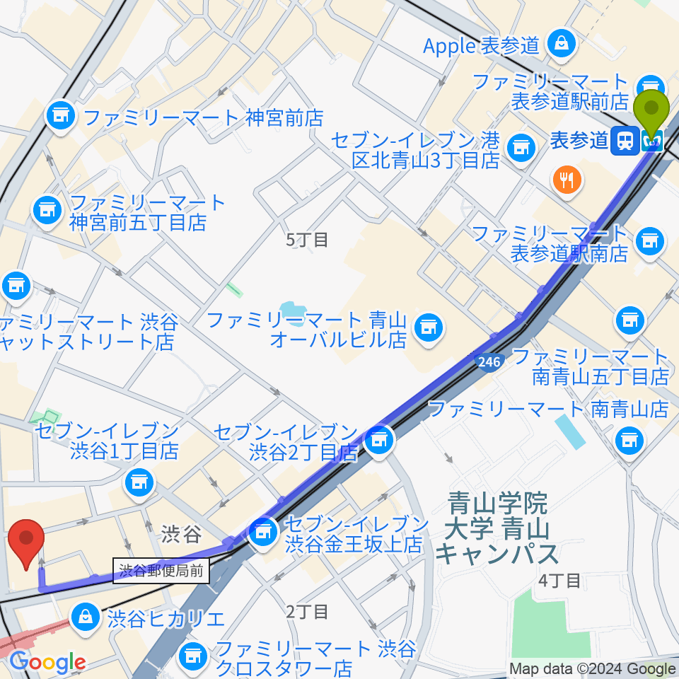 表参道駅から三浦ピアノ渋谷店へのルートマップ地図