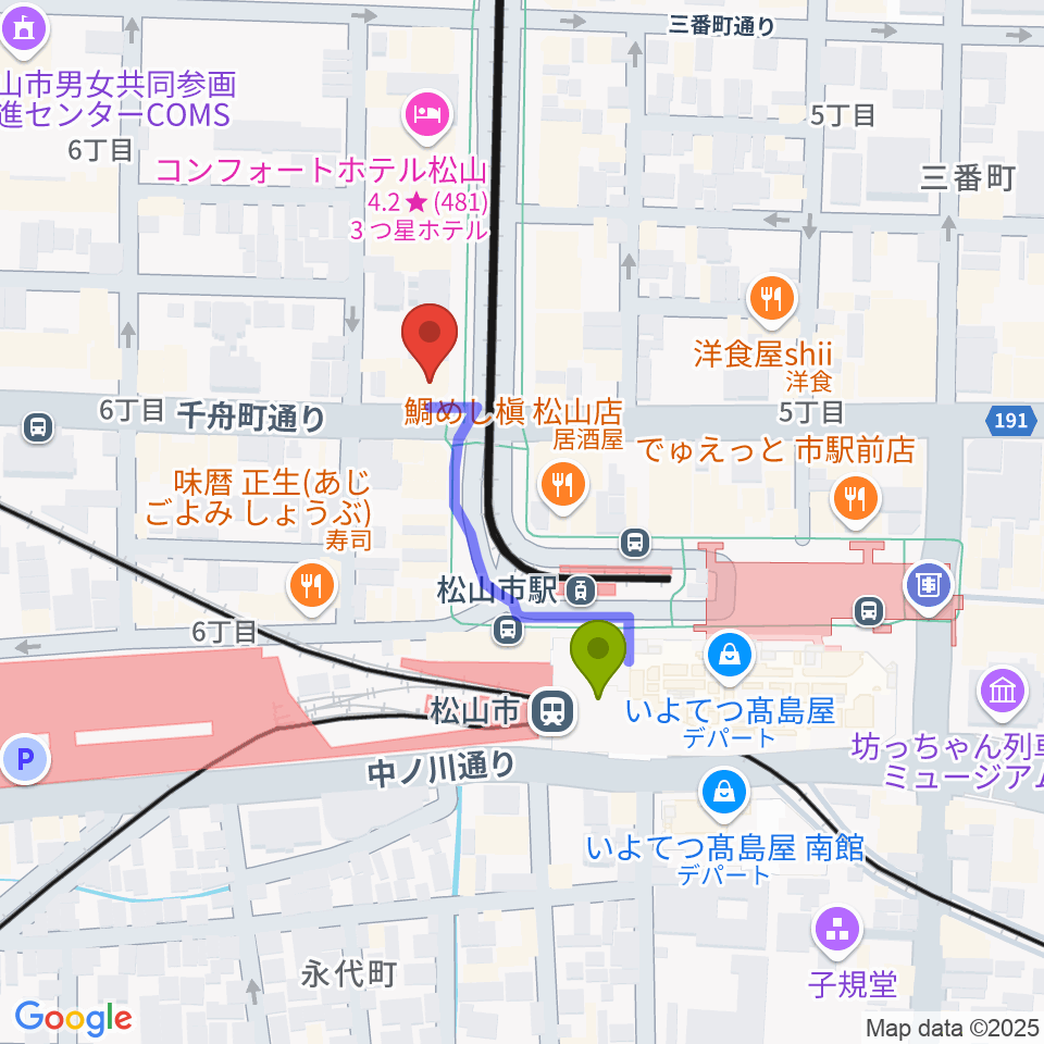 マツヤマ楽器の最寄駅松山市駅からの徒歩ルート（約3分）地図