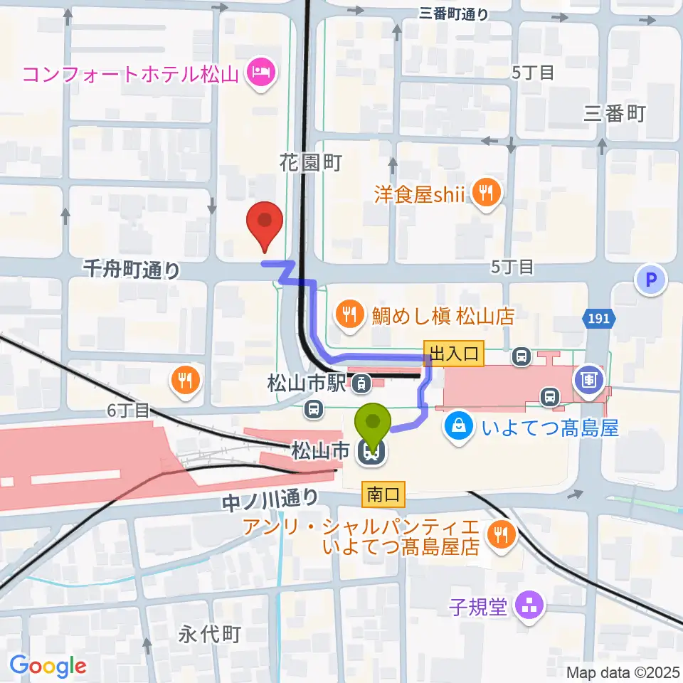 マツヤマ楽器の最寄駅松山市駅からの徒歩ルート（約3分）地図