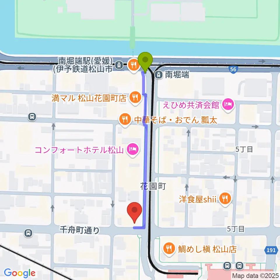 南堀端駅からマツヤマ楽器へのルートマップ地図