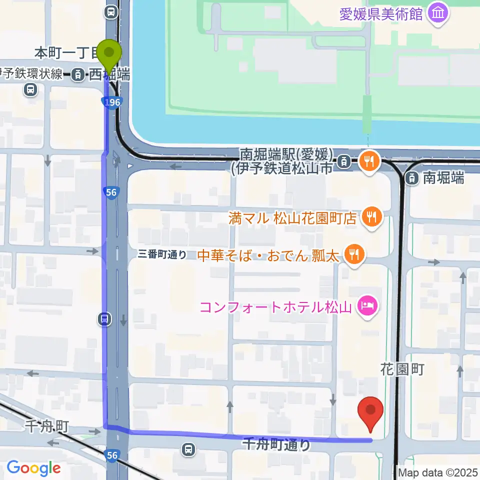 西堀端駅からマツヤマ楽器へのルートマップ地図