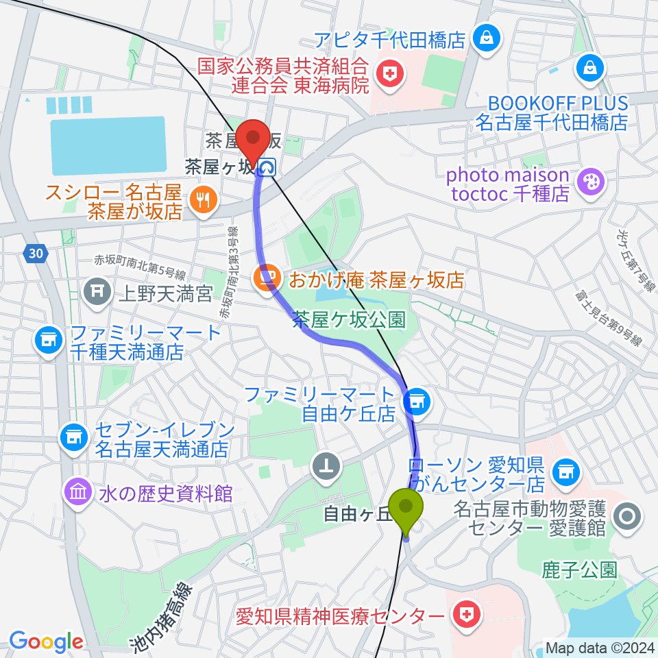 自由ヶ丘駅から名古屋のピアノ専門店 親和楽器へのルートマップ地図