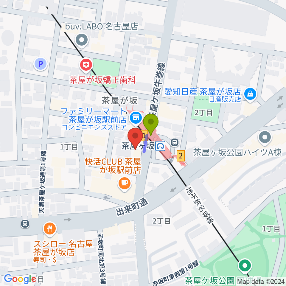 名古屋のピアノ専門店 親和楽器の最寄駅茶屋ヶ坂駅からの徒歩ルート（約1分）地図