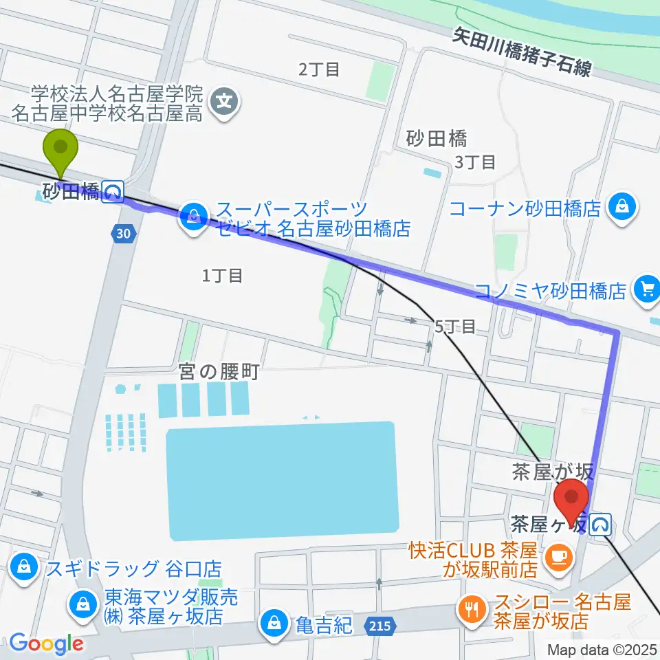 砂田橋駅から名古屋のピアノ専門店 親和楽器へのルートマップ地図