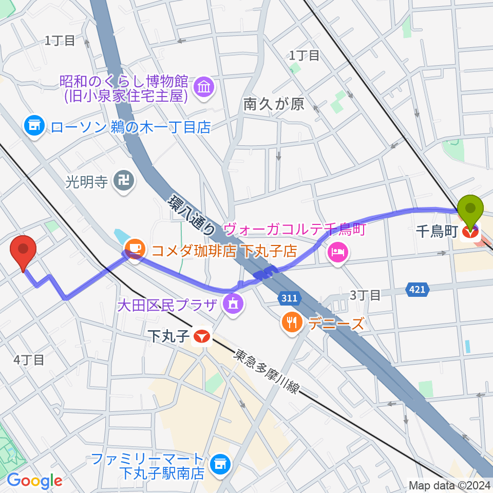 千鳥町駅から協葉ピアノへのルートマップ地図