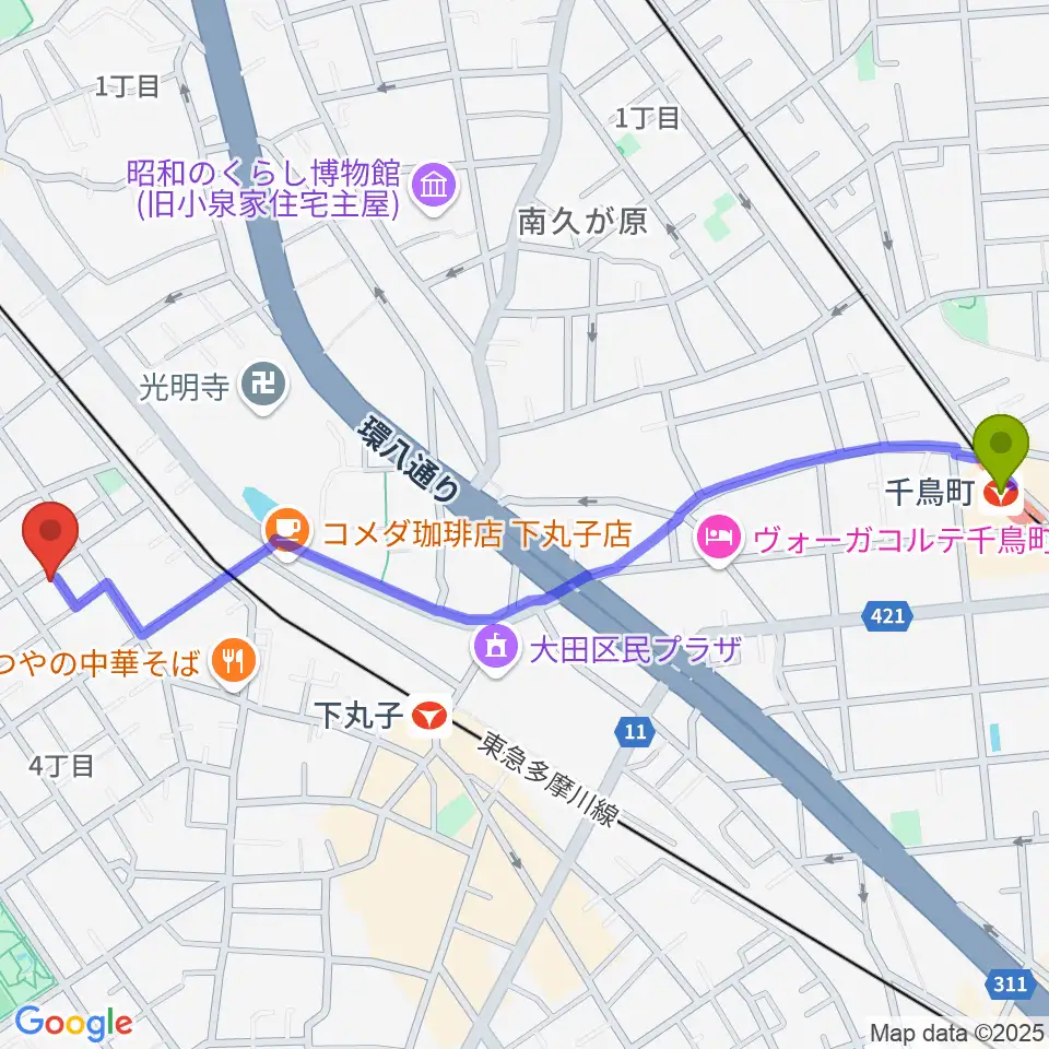 千鳥町駅から協葉ピアノへのルートマップ地図