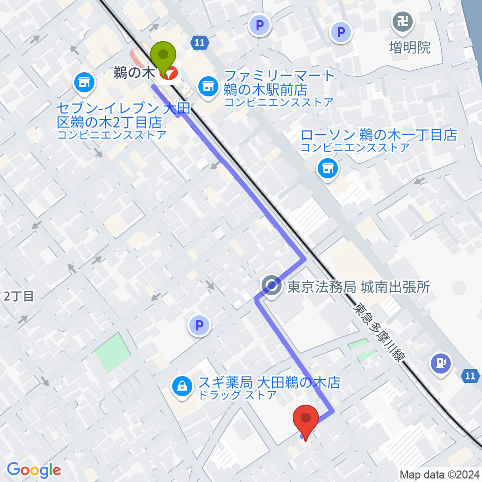 鵜の木駅から協葉ピアノへのルートマップ地図