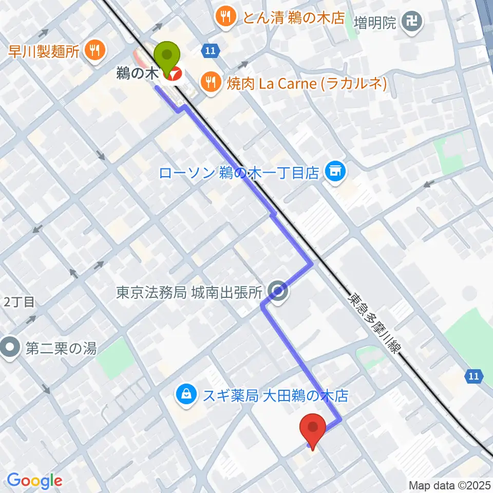 鵜の木駅から協葉ピアノへのルートマップ地図