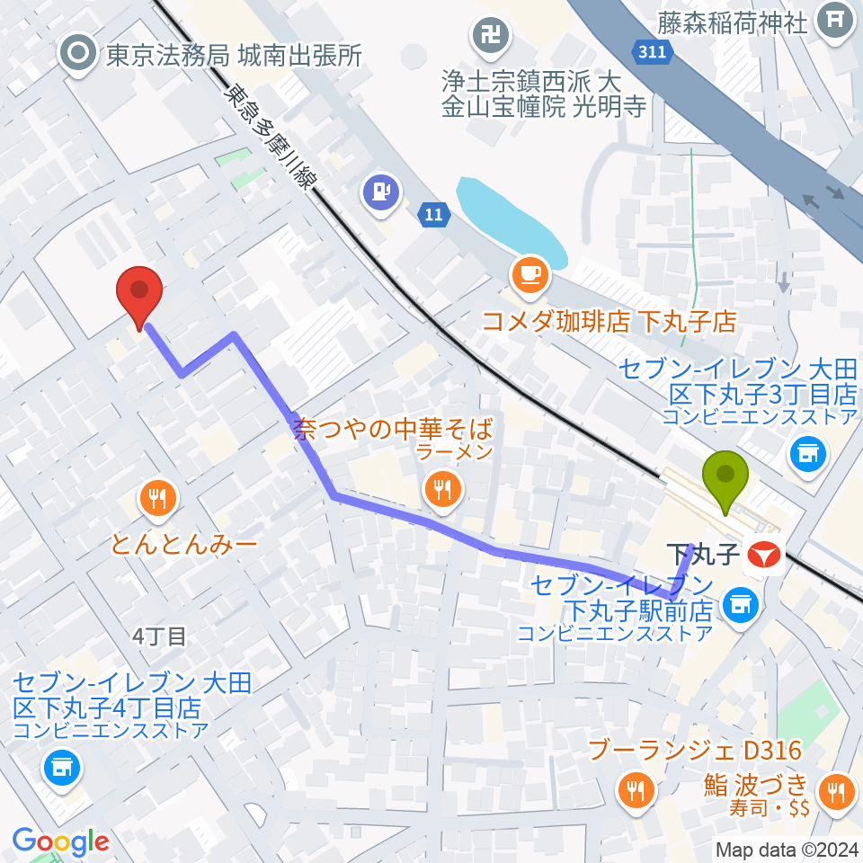 協葉ピアノの最寄駅下丸子駅からの徒歩ルート（約6分）地図