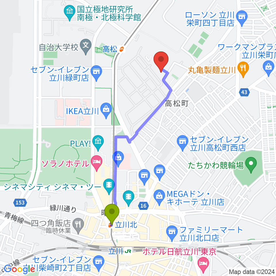 立川北駅から共立ラインサービスへのルートマップ地図