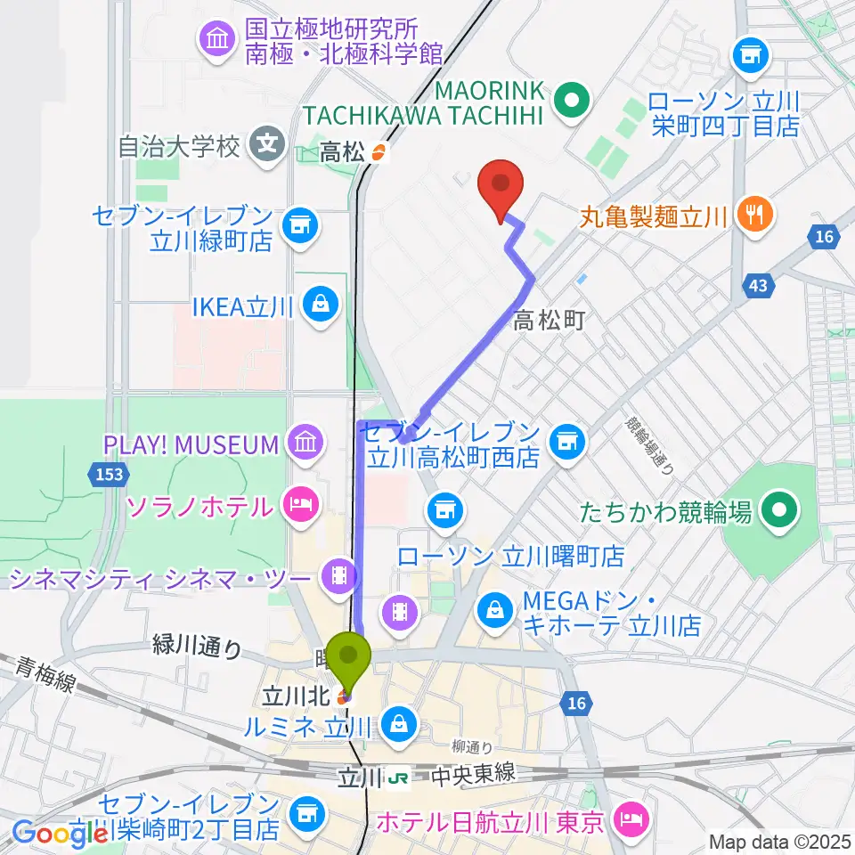 立川北駅から共立ラインサービスへのルートマップ地図