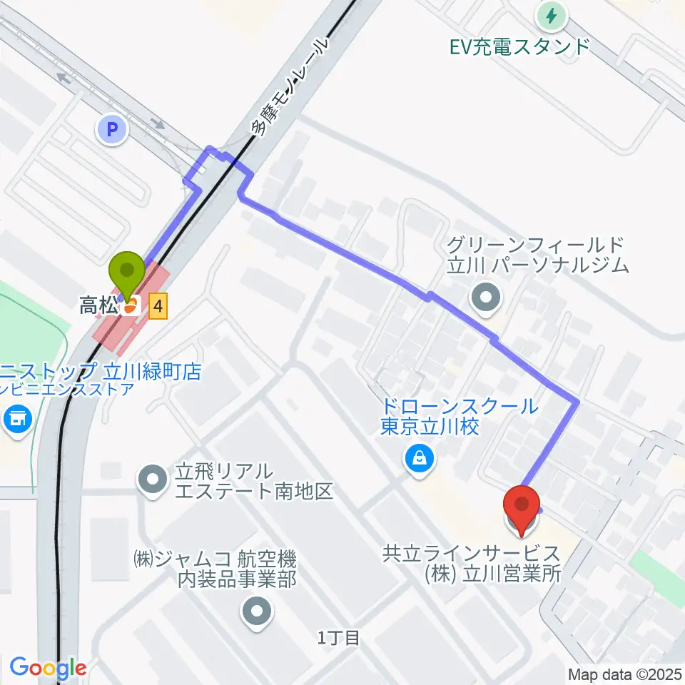 共立ラインサービスの最寄駅高松駅からの徒歩ルート（約5分）地図