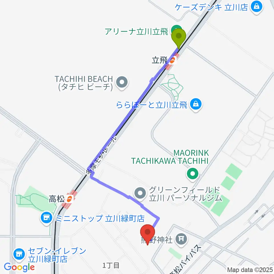 立飛駅から共立ラインサービスへのルートマップ地図